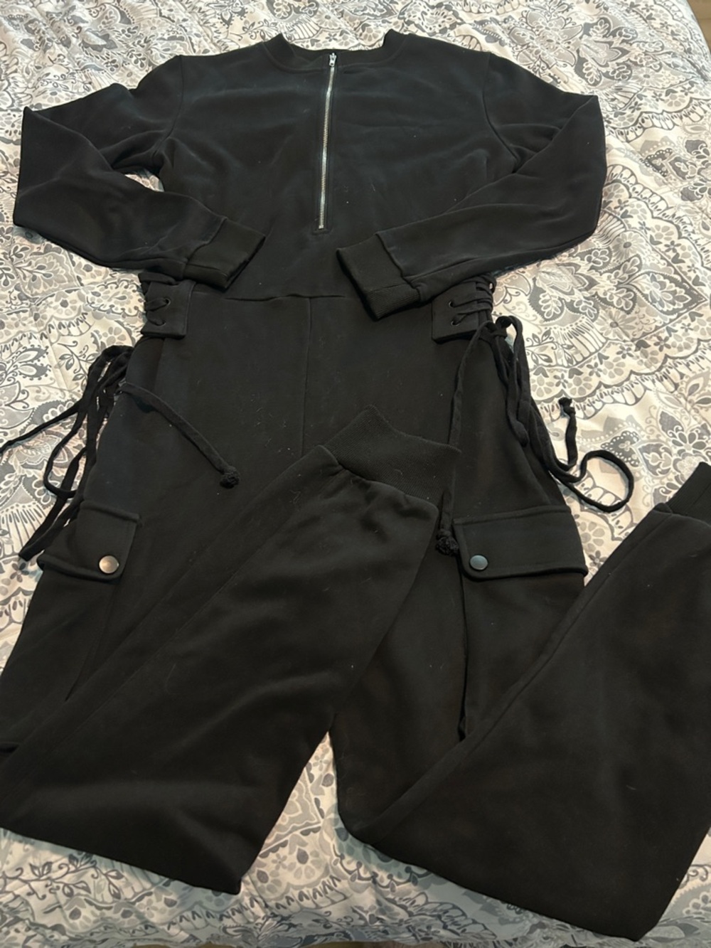 AKIRA Black Long-Sleeve Utility Jumpsuit with Side Lace-Up